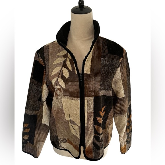 Coldwater Creek Petite Large Jacket Zip Black Brown Leaf Pattern - Picture 7 of 10